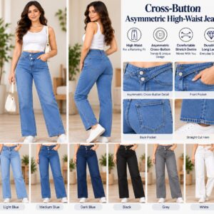 Cross-Button Asymmetric High-Waist Jeans